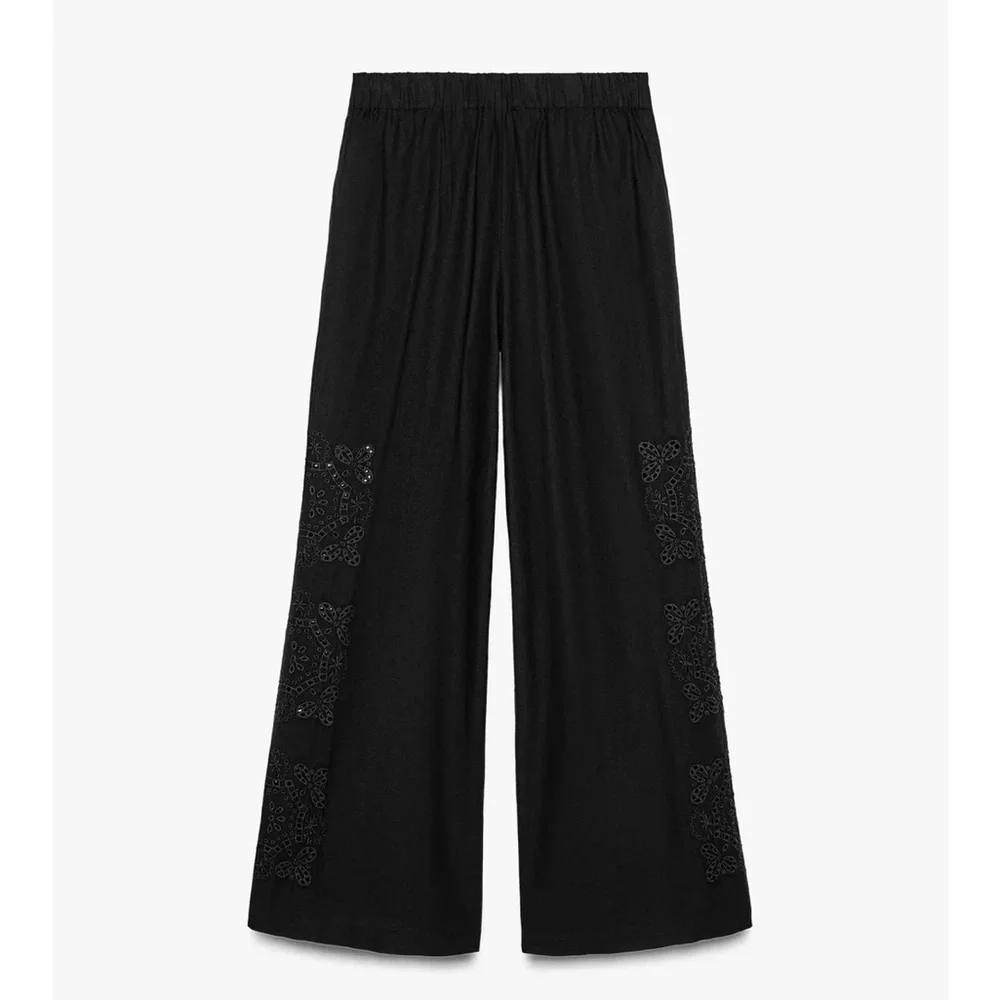 Zara NWT multi pleat linen blend embroidered pants black 0881/407 - Picture 6 of 10